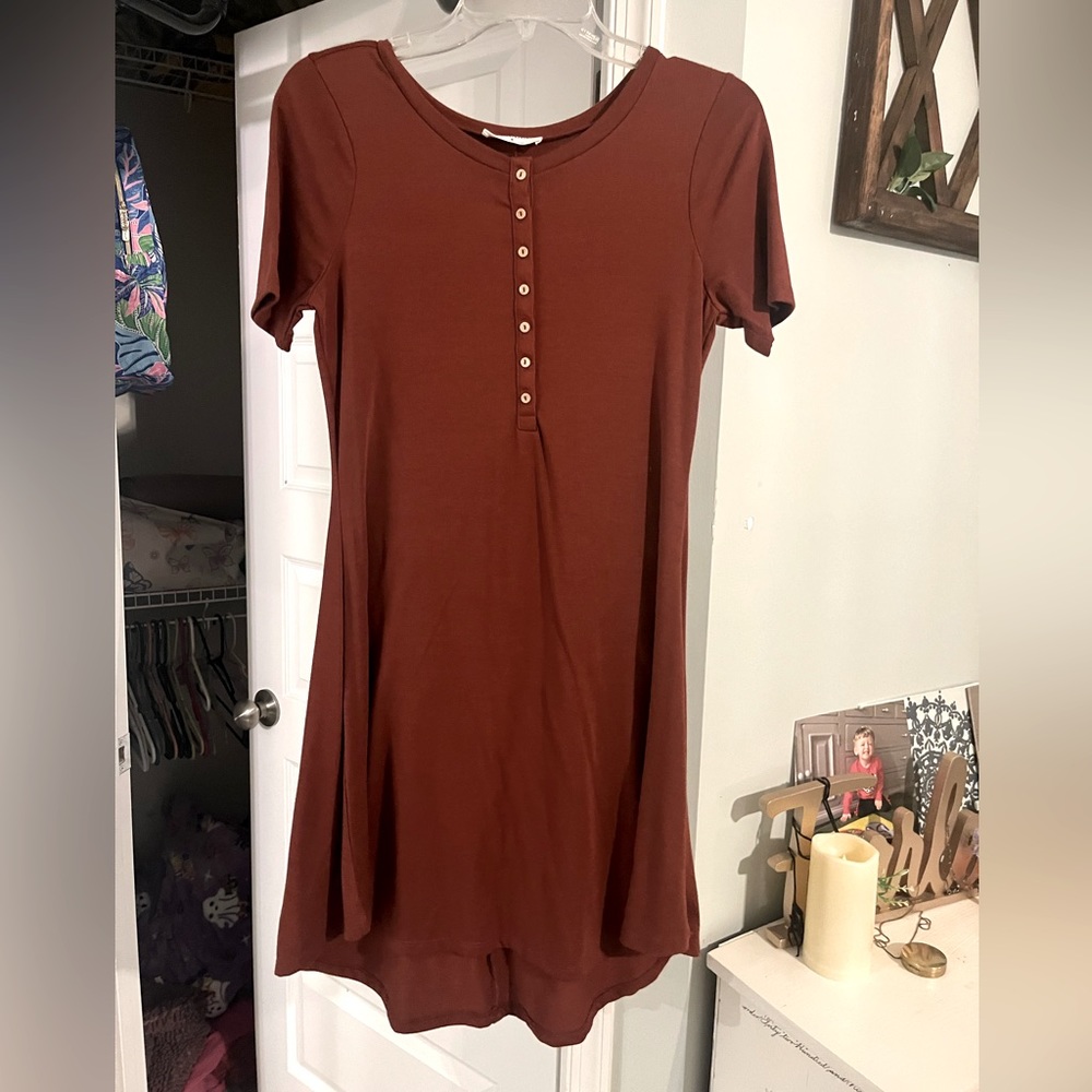 ZENANA Dusty Red, Button Down, Short Sleeved Swing Dress